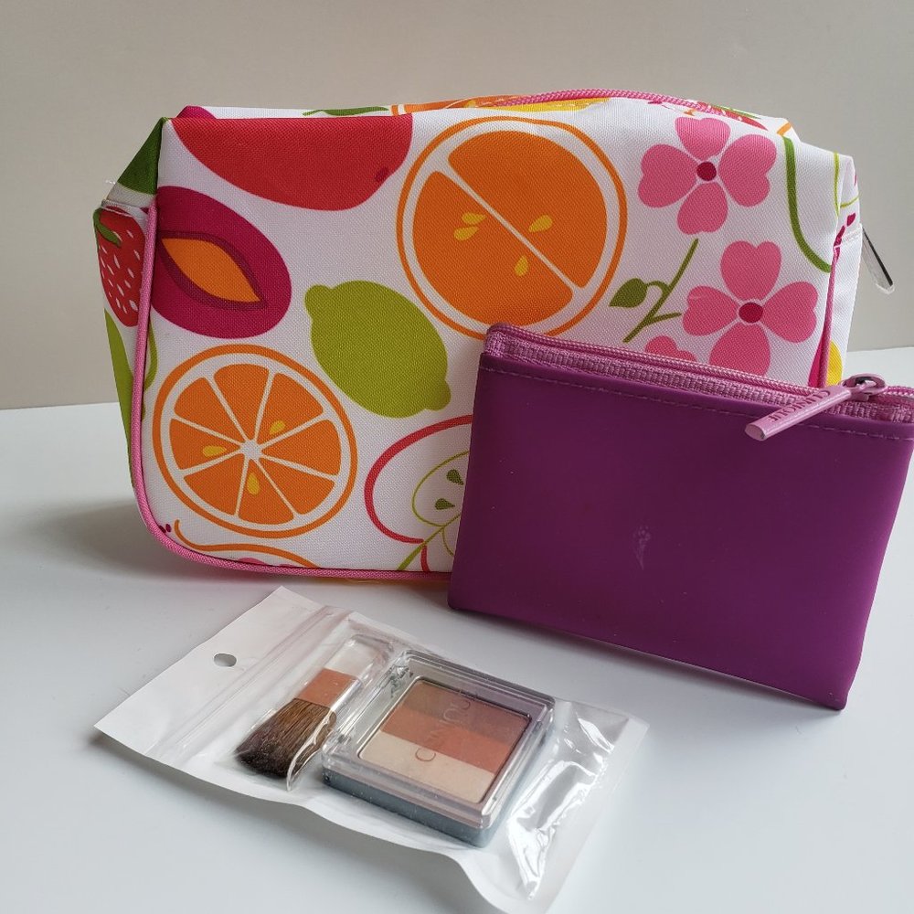 Clinique Fun Fruit Cosmetics Bag with Mini Case BONUS Peony Powder Blush & Brush